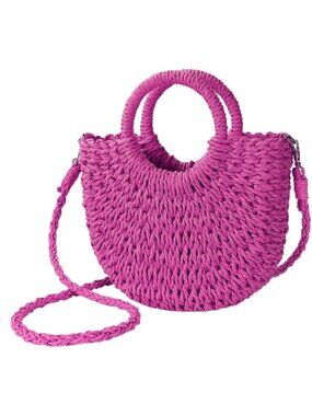Woven Straw Beach Bag for Womem Top Handle Pink Crossbody and Shoulder Strap